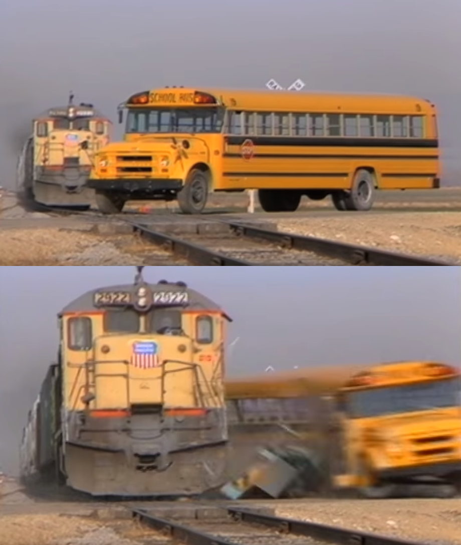 A train hitting a school bus meme template