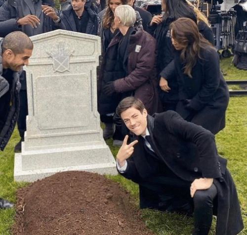 Grant Gustin over grave meme template