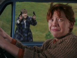 Harry with guns, scared Ron meme template