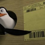 Penguin pointing at shipping label meme template