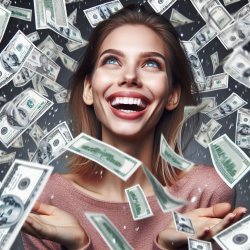 Una mujer feliz con billetes de dólares cayendo a su alrededor meme template
